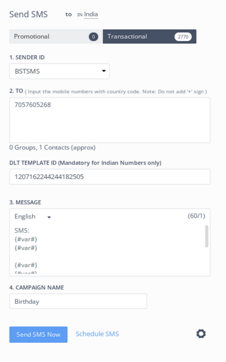 how to send registered sms on control panel