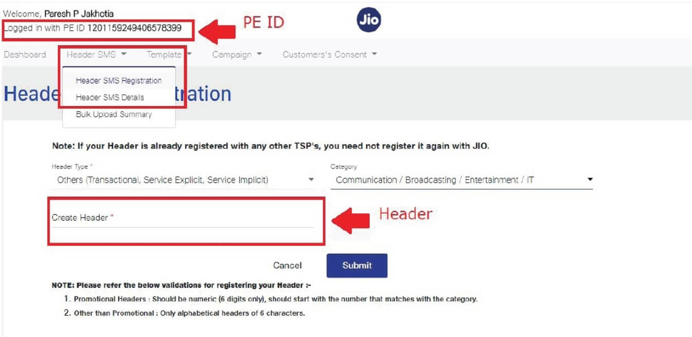 Header Sender ID Registration on Jio